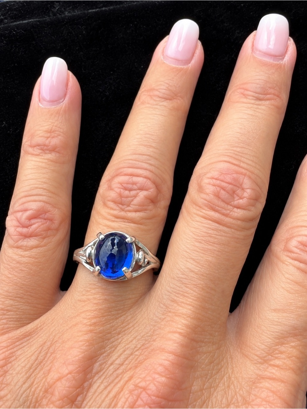 Blue Sapphire Oval Cabochon 925 Sterling Silver Ring Size 6.5 Statement Ring